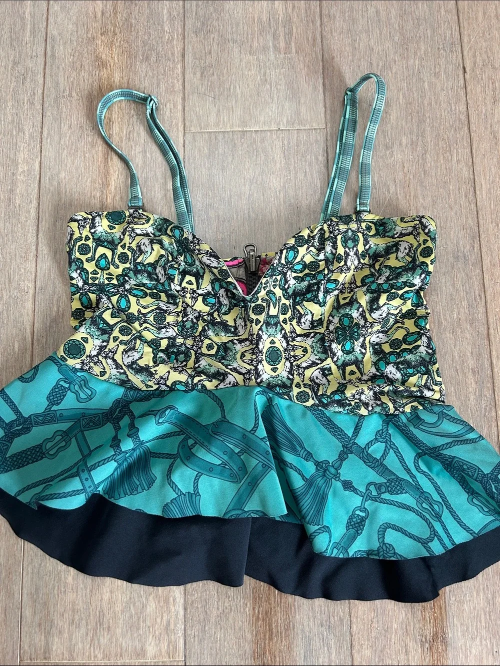 Maaji ruffle Teal, Yellow, Black Patterned Swim Tankini Top size M reversible
